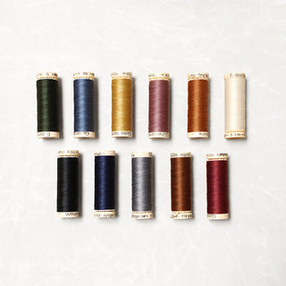Eleven spools of all-purpose thread in a range of colors on a white background.
